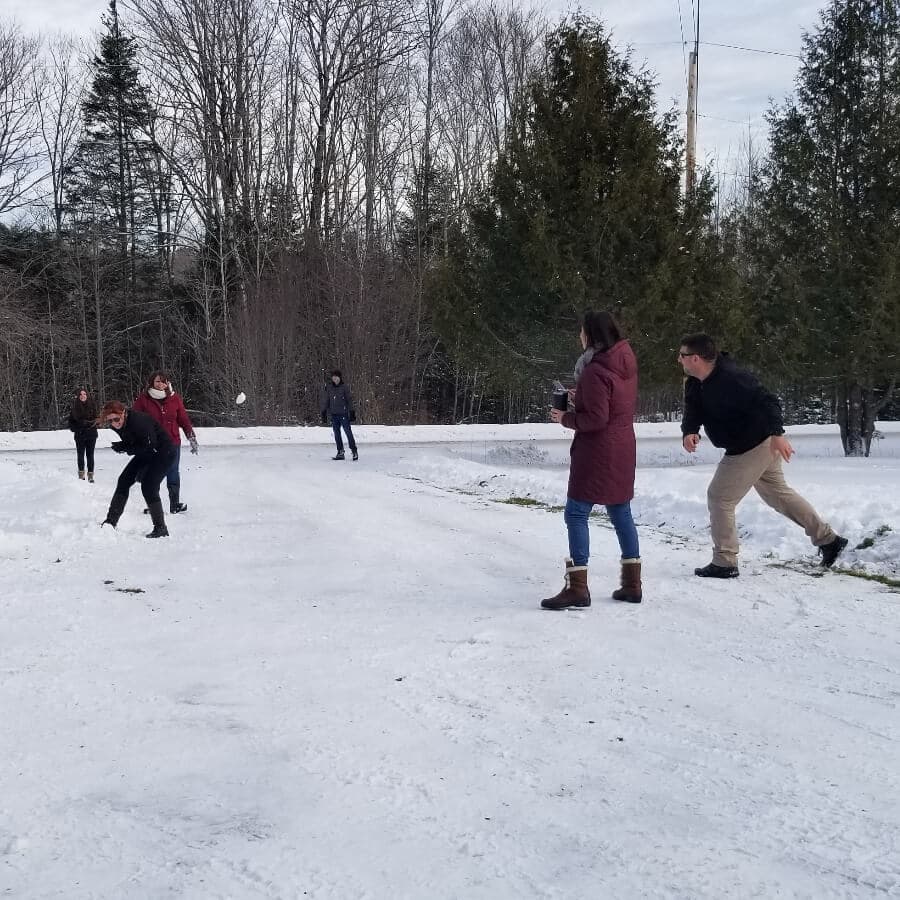 A group of people is having a snowball fight in a snow-covered area.