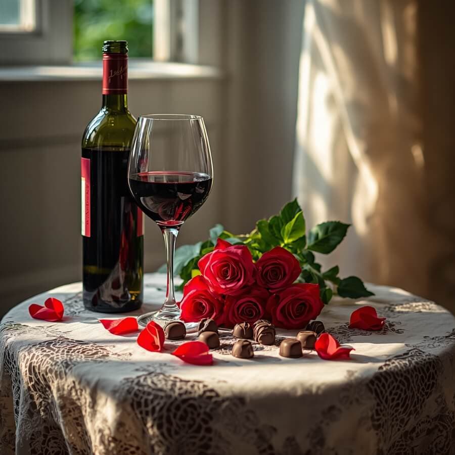 A romantic setup featuring a bottle of red wine, a glass, red roses, chocolate confections, and rose petals on a lace tablecloth.